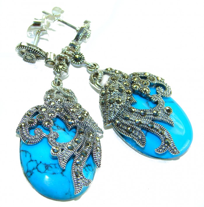 LARGE - Spectacular Peacocks Blue Turquoise .925 Sterling Silver handcrafted Earrings - Close-up of ornate silver and blue turquoise earrings.