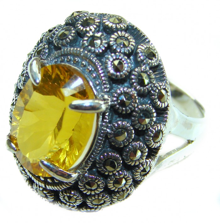 Real Treasure 10.5 carat Golden Topaz .925 Sterling Silver dipped in 14K Gold Handcrafted Huge Ring size 8 - Close-up of a sterling silver ring with 10.5 carat golden topaz stone
