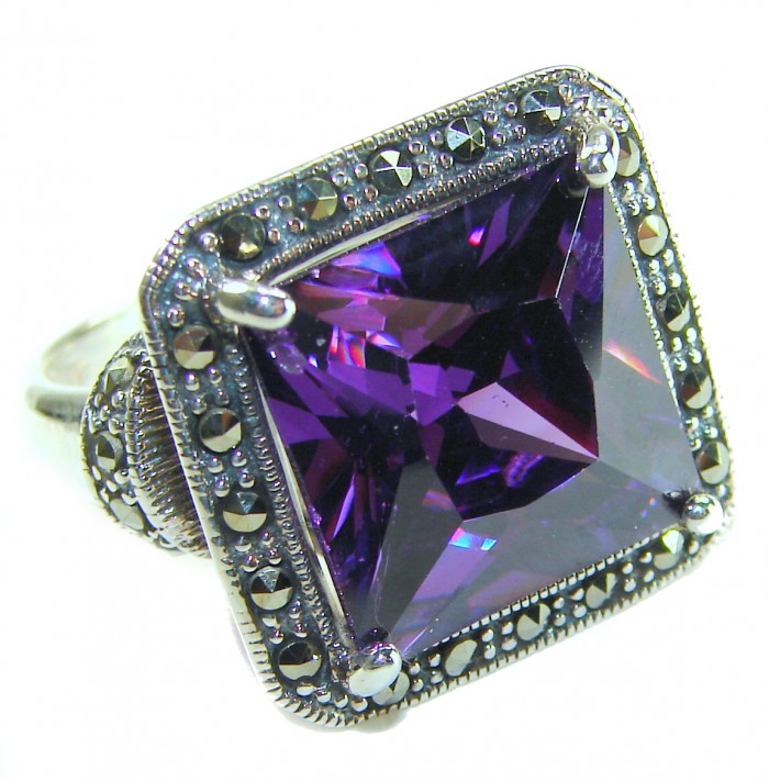 Purple King cushion cut 25.2 carat Amethyst .925 Sterling Silver Handcrafted Large Ring size 8 - Close-up of purple amethyst ring with ornate silver setting