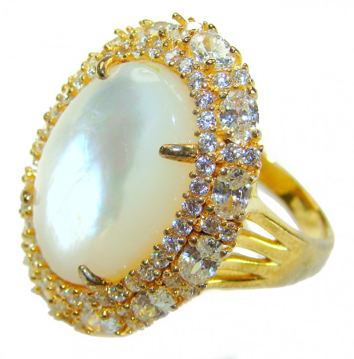 Luxurious Blister Pearl 1.23 carat lab. grown diamonds 18K Gold over .925 Sterling Silver brilliantly handcrafted ring s. 8 1/4 - Gold ring with blister pearl and diamonds, angled side view close-up.