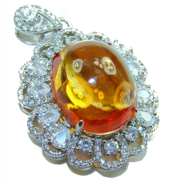 Emily Luxury genuine 18.5 CARAT Golden Topaz .925 Sterling Silver handmade Pendant - Golden Topaz pendant close-up with ornate diamond accents.