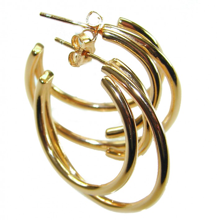 Dubai Style - Golden fantasy .925 Sterling Silver dipped in 22K Gold handmade Large Earrings - Triple hoop gold earrings side view, sterling silver base.