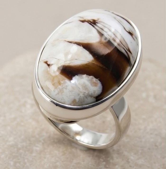 Exotic Petrified Palm Wood .925 Sterling Silver LARGE Ring size 7 adjustable - Exotic Petrified Palm Wood Sterling Silver Ring, stone close-up.