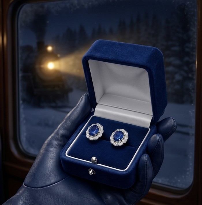 Giovanna - Authentic oval cut 4.8 carat Tanzanite .925 Sterling Silver handcrafted earrings - Blue velvet box with oval Tanzanite earrings, held in a gloved hand.