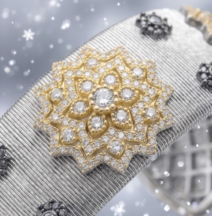 Dolce Vita - Precious Natural 9.5 carat White Topaz 2 tones .925 Sterling Silver handcrafted bracelet - Close-up of Dolce Vita bracelet with gold and white topaz detail.