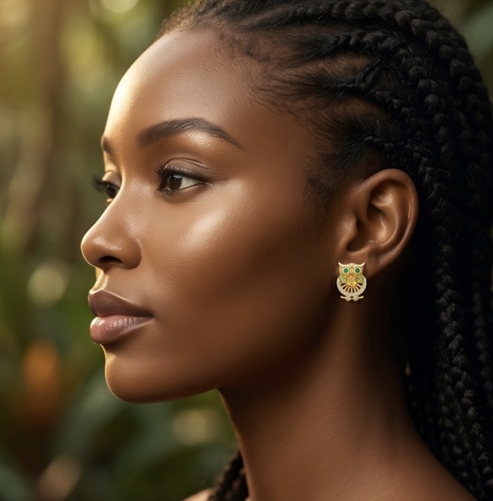 Wisdom - Natural 3.2 carat Citrine Emerald .925 Sterling Silver dipped in 18K Gold handmade Owl earrings - Side view of woman wearing owl-shaped citrine and emerald earrings.