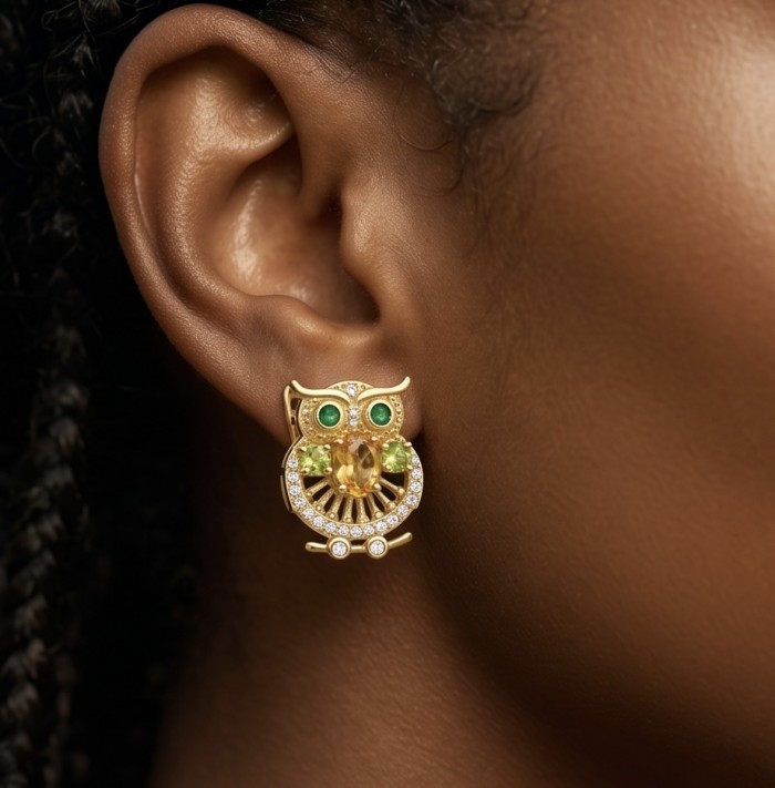 Wisdom - Natural 3.2 carat Citrine Emerald .925 Sterling Silver dipped in 18K Gold handmade Owl earrings - Owl-shaped citrine and emerald earring, worn on ear close-up.