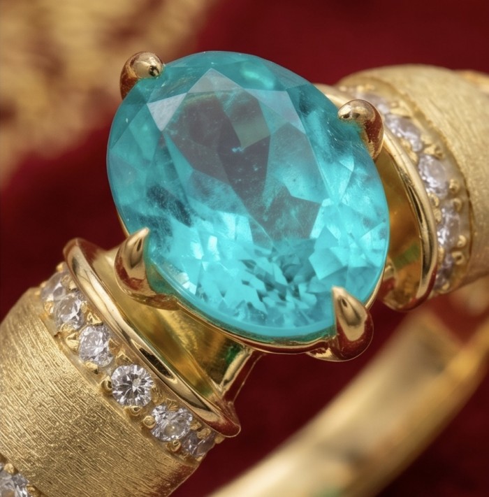 Wonderland 3.8 carat Paraiba Tourmaline 14k Gold over .925 Sterling Silver Handcrafted Ring size 7 1/4 - Paraiba tourmaline ring close-up showing stone and gold setting.
