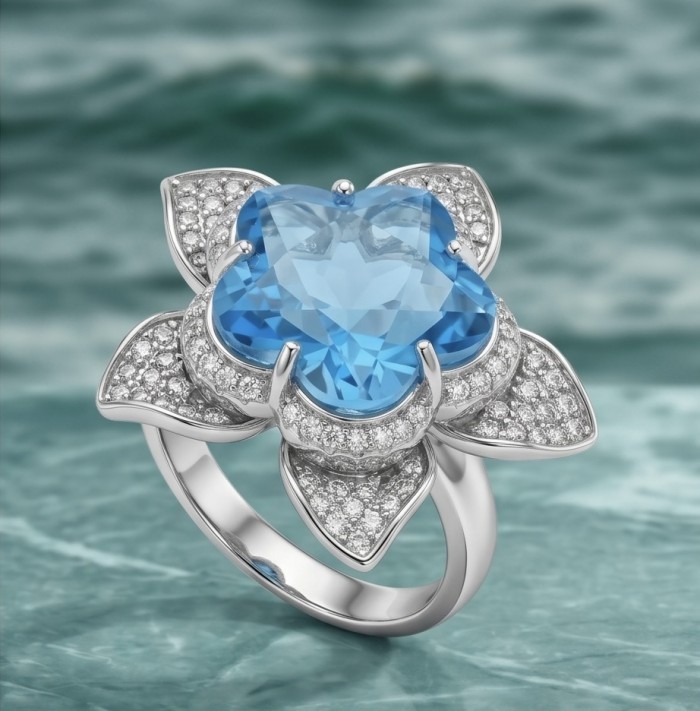 Forget -Me- Not flower 9.5 carat genuine Swiss Blue Topaz .925 Sterling Silver handmade Statement Ring size 8 - Close-up of 9.5 carat Swiss Blue Topaz flower ring on oceanic background