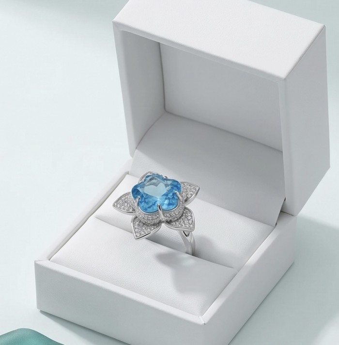 Forget -Me- Not flower 9.5 carat genuine Swiss Blue Topaz .925 Sterling Silver handmade Statement Ring size 8 - Forget-Me-Not ring with Swiss Blue Topaz in box, top-down view