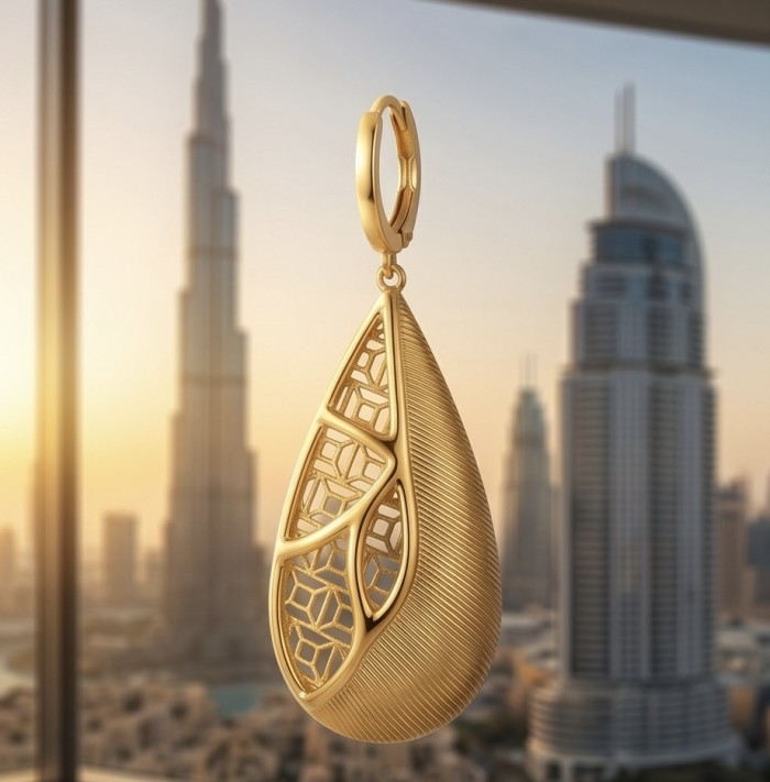 Dubai Style - Golden fancy Drops .925 Sterling Silver dipped in 22K Gold handmade Earrings - Golden drop earring side view with Dubai skyline background