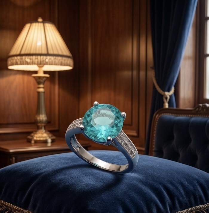 Massive Deep Blue 7.8 carat Aquamarine .925 Sterling Silver handcrafted ring size 7 - Aquamarine ring side view on blue cushion in elegant setting.