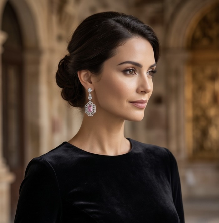 Isabella - Rare 5.9 carat Kunzite .925 Sterling Silver handcrafted Statement earrings - Woman wearing Isabella earrings showcasing side view of the jewelry.
