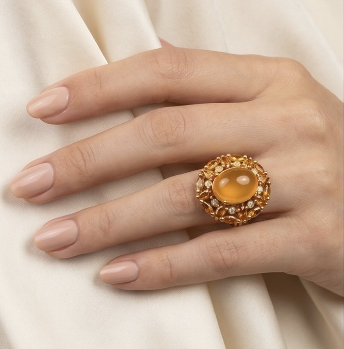 Summer Exuberance natural 25.5 carat Orange Sapphire 22K Gold over .925 Sterling Silver handmade ring s. 7 - Orange sapphire ring worn on hand, 22K gold setting with gems.