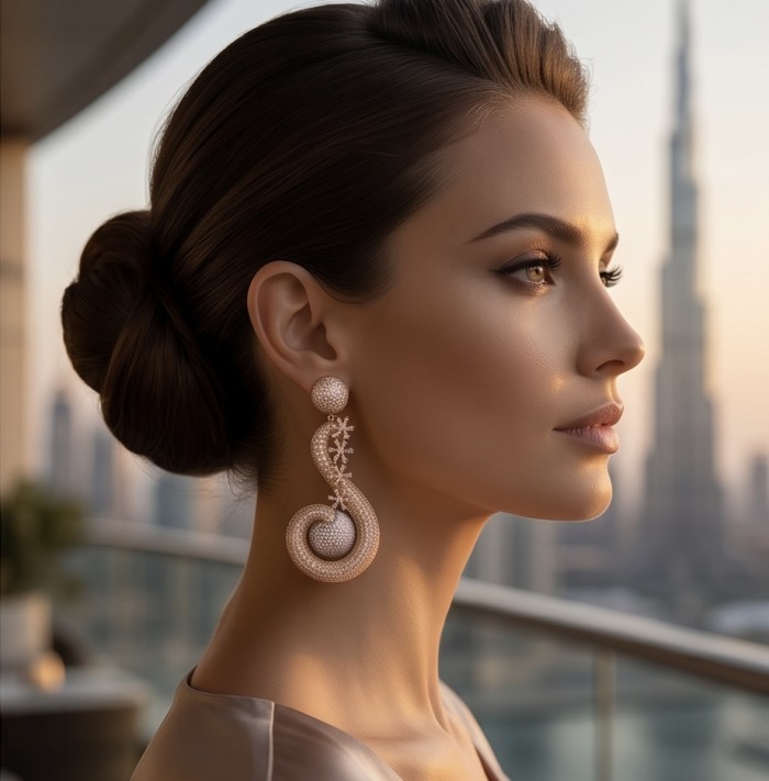 Dubai Style - Pure Luxury - pave 10.7 carat Moissanite .925 Sterling Silver dipped in 18K Gold handmade Earrings - Side view of woman wearing pave Moissanite earrings, Burj Khalifa backdrop.