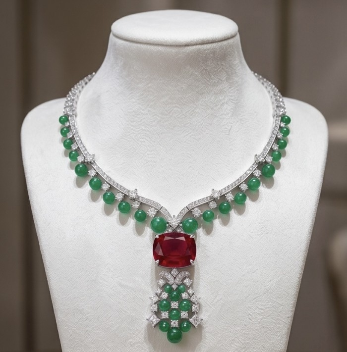 Francesca - Luxurious natural 159.8 carat Ruby Emerald .925 Sterling Silver handmade Statement necklace - Necklace with ruby and emeralds on display stand, front view