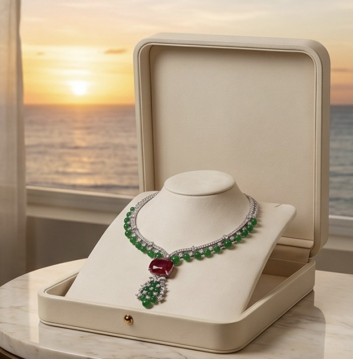 Francesca - Luxurious natural 159.8 carat Ruby Emerald .925 Sterling Silver handmade Statement necklace - Luxury necklace with ruby and emerald in display case, sunset background