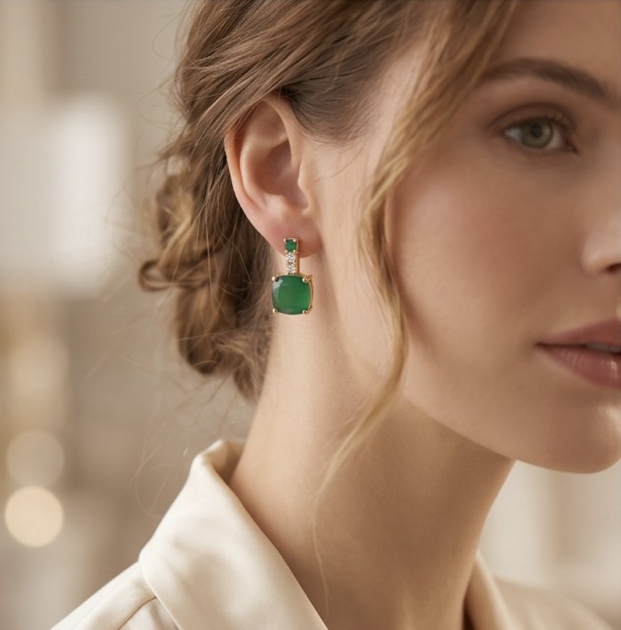 Assher cut 3.8 carat COLOMBIAN Emerald 22k Gold over .925 Sterling Silver handmade Earrings - Side view of emerald earrings worn by a woman.