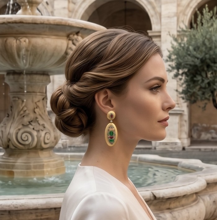 Byzantine design Authentic 8.2 carat Topaz 18K Gold over .925 Sterling Silver handcrafted Statement earrings - Side view: woman wearing Byzantine design gold and topaz earrings