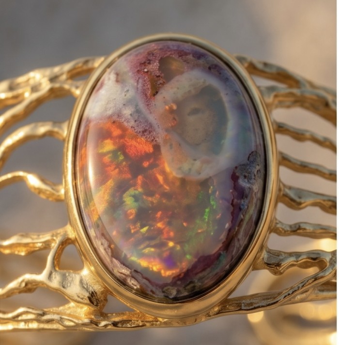Authentic 25.8 carat Mexican Opal handmade 14K Gold over .925 Sterling Silver Bracelet / Cuff - Close-up of Mexican Opal in 14K gold setting with intricate details