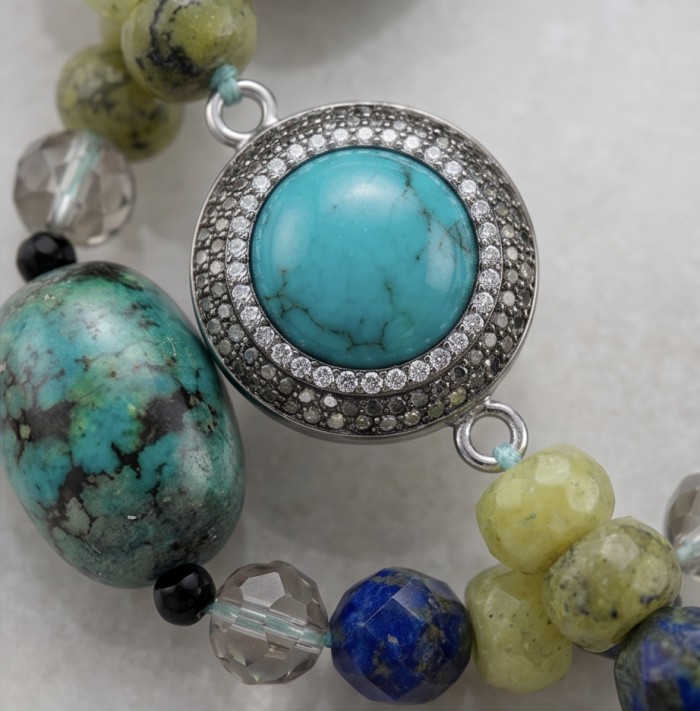 Boho Style - Great quality Turquoise .925 Sterling Silver handcrafted Necklace - Close-up of turquoise stone and beads in boho style bracelet.