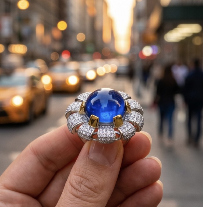 Purple Flower Natural 14.2 carat Tanzanite 2 tones .925 Sterling Silver dipped rhodium handmade Statement Ring size 7 1/4 - Close-up of Purple Flower ring with 14.2 carat Tanzanite on city street.