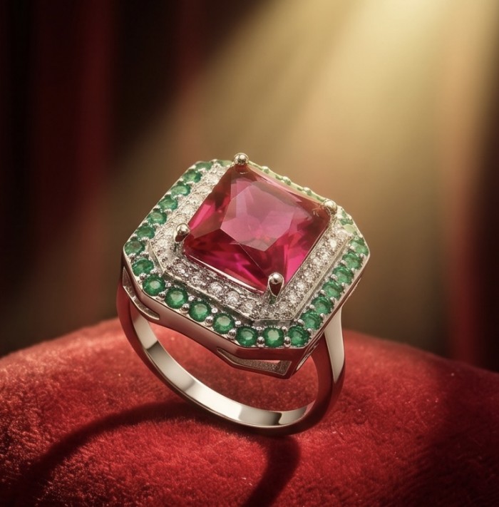 Bella Rosa Genuine 4.8 CARAT Star Ruby rhodium over .925 Sterling Silver Statement Ring size 8 - Close-up of Bella Rosa star ruby ring on red velvet background
