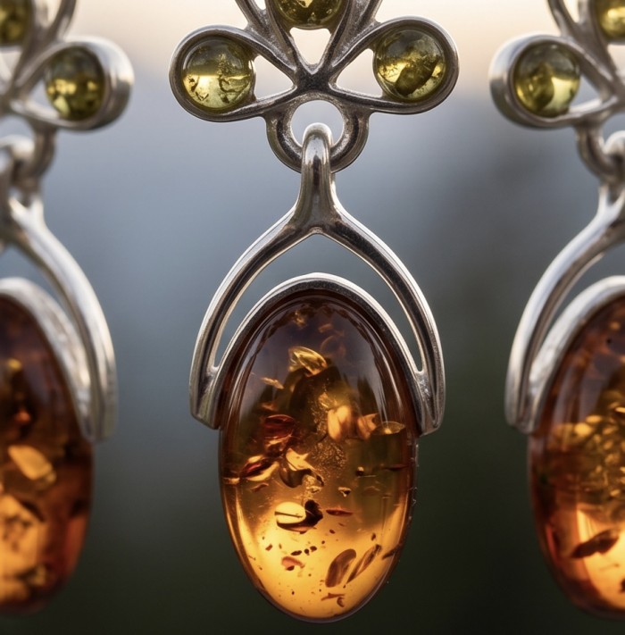 Natural Baltic Amber .925 Sterling Silver handmade earrings - Close-up of Natural Baltic Amber and Sterling Silver earrings
