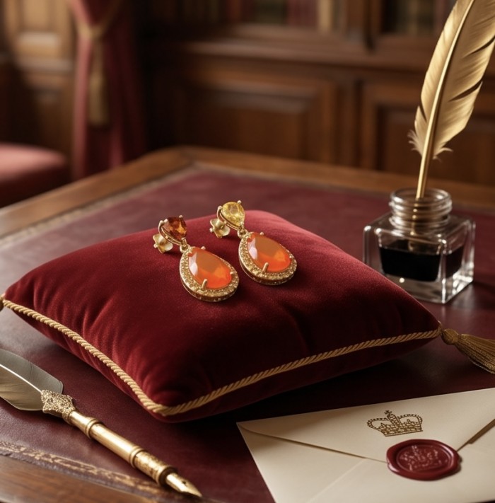 Summer Exuberance natural 10.5 carat Orange Carnelian 22K Gold over .925 Sterling Silver handmade earrings - Earrings on velvet cushion, showcasing orange carnelian stones, desk setting.