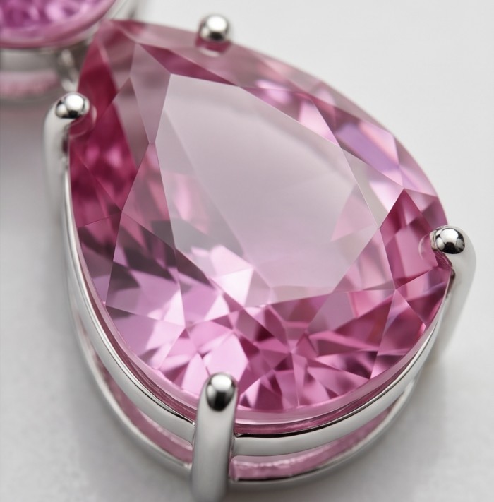 Large - Tiffany - authentic oval cut 49.7 carat Pink Sapphire .925 Sterling Silver handcrafted Earrings - Close-up of oval-cut 49.7 carat pink sapphire in silver setting.