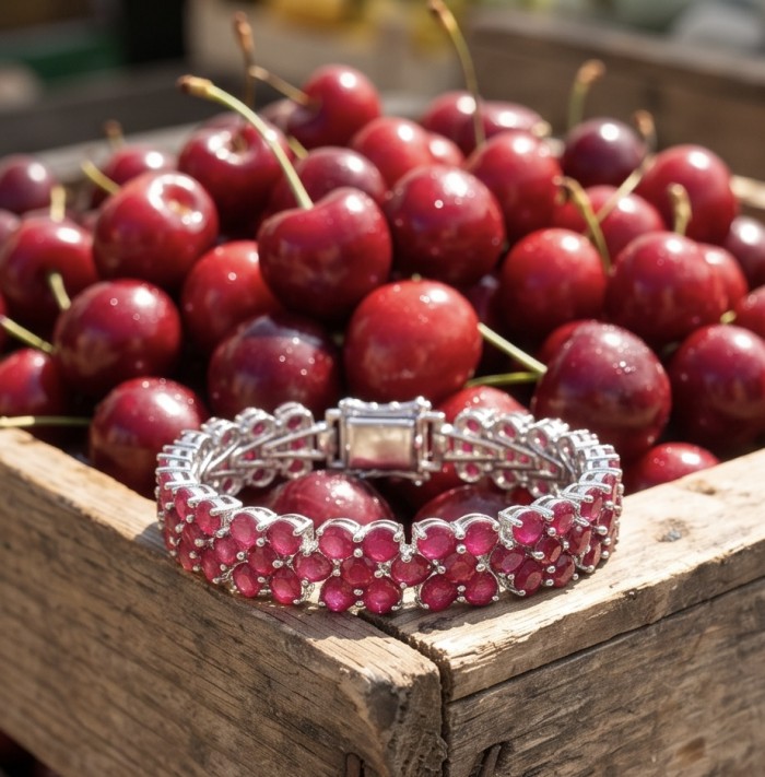 Giuseppina - Magnificent 42.3 carat authentic Ruby rhodium over .925 Sterling Silver handcrafted Bracelet - Ruby bracelet on display with cherries in background, side view