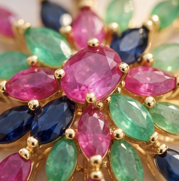 Charming Beauty 18.4 ctw Ruby Emerald Sapphire 18K Gold over .925 Sterling Silver handcrafted Statement pendant - Stone close-up of Charming Beauty 18K Gold Ruby Emerald Sapphire brooch
