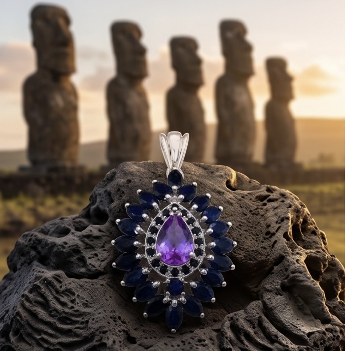 Mademoiselle - 18.5 carat natural Amethyst .925 Sterling Silver dipped in rhodium handcrafted Pendant - Close-up of Mademoiselle amethyst pendant with moai statues in background