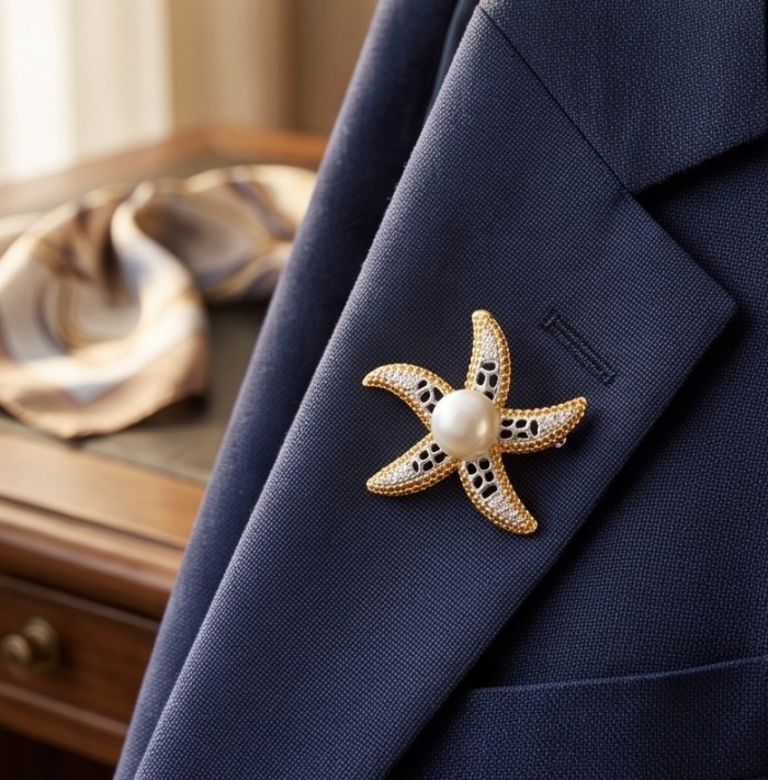 Genuine Mother of Pearl 14K Gold .925 Sterling Silver handmade Pendant Brooch - Starfish brooch on navy suit, close-up view, pearl and gold detail.