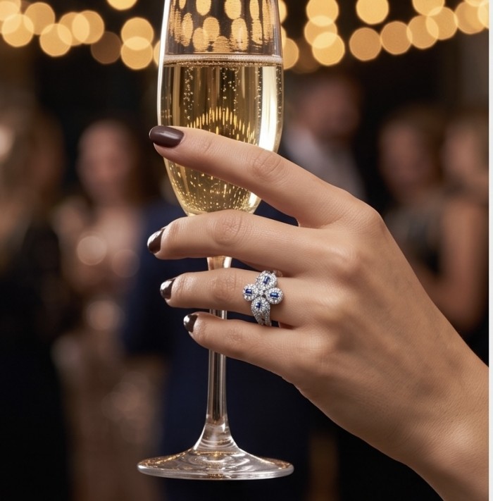 Art deco - Real 3.2 carat Sapphire Italy Made Silver Sterling Silver spinning ring s 7 - Hand wearing Art Deco sapphire ring holding a champagne glass