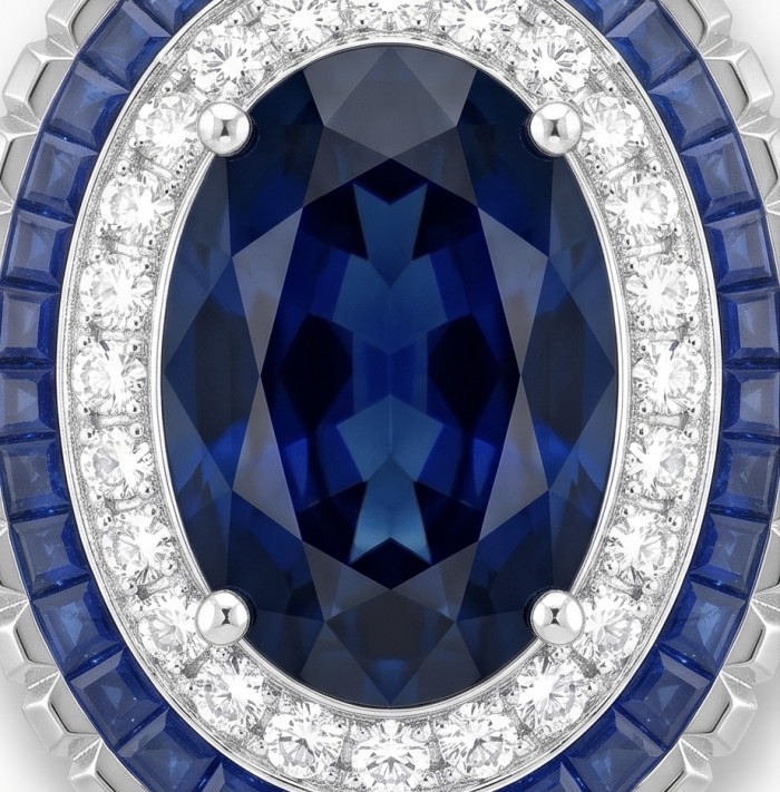 Art Deco - Incredible genuine 10.5 CARAT Sapphire .925 Sterling Silver handcrafted Earrings - Close-up of Art Deco sapphire ring with diamonds and blue accents.