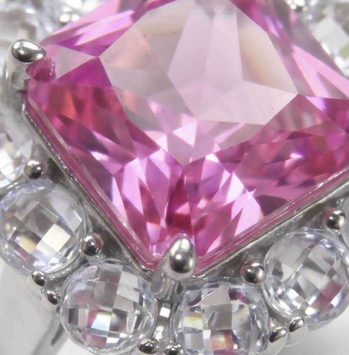 Anastasia princess cut 8.2 carat Pink Sapphire .925 Sterling Silver dipped in Rhodium Handcrafted Statement Ring size 7 1/4 - Close-up of Anastasia princess cut pink sapphire in sterling silver.
