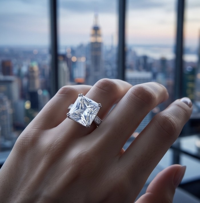 Vivien Luxurious Style - Natural ASSCHER CUT 15.2 carat yellow Sapphire .925 Sterling Silver dipped in Rhodium handmade ring size 8 - Asscher cut 15.2 carat ring worn on hand, cityscape background