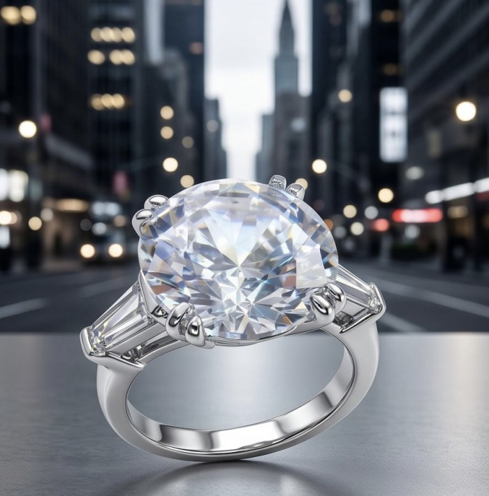 Luxurious - 14.2 carat White Topaz .925 Sterling Silver handcrafted ring size 6 - Close-up of luxurious 14.2 carat white topaz ring on city background