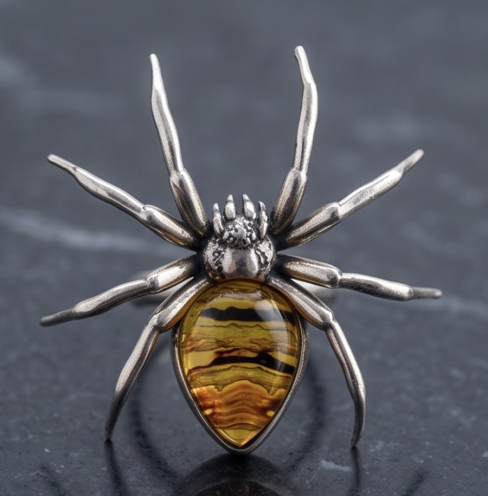 LARGE Golden Spider Authentic Baltic Amber .925 Sterling Silver handcrafted ring; s. 7 adjustable - Spider-shaped amber and silver brooch, top view on dark surface.