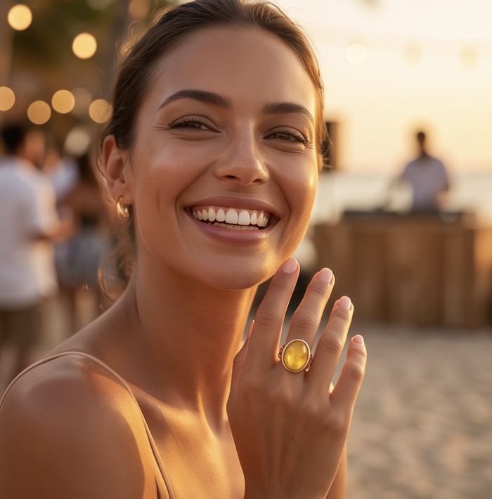 Vintage Style Authentic Golden Butterscotch Baltic Amber 18K Gold over .925 Sterling Silver entirely handcrafted ring; s. 8 - Woman wearing Vintage Style Golden Butterscotch Baltic Amber ring.