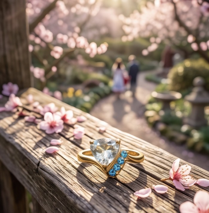 3.2 carat Brazilian Citrine .925 Sterling Silver dipped in 14K Gold handcrafted ring; s. 7 - Close-up of Brazilian Citrine ring on wooden ledge with cherry blossoms.