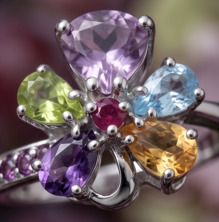 Flower 6.8 carat Multigem rhodium over .925 Sterling Silver Handcrafted Ring size 9 - Close-up of multigem flower ring in rhodium over sterling silver.