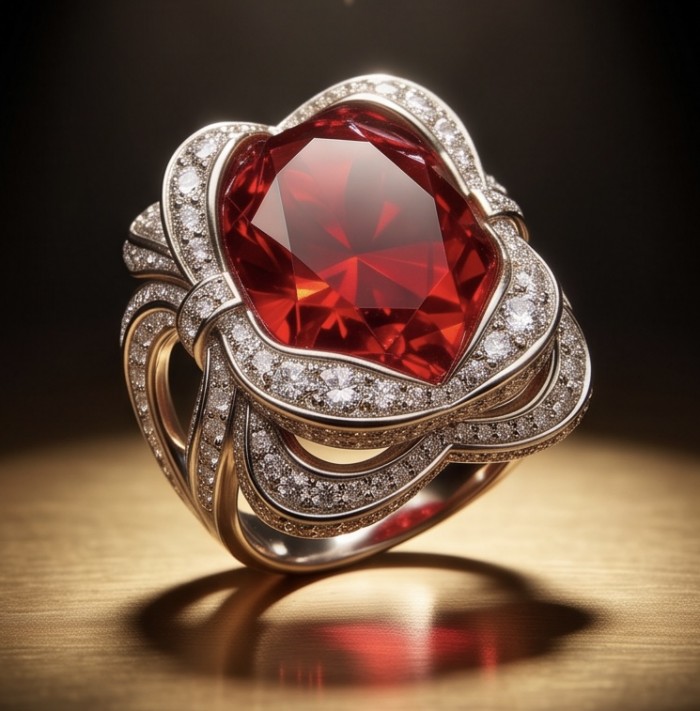 Royal Red 25.7 ctw oval cut Mozambique Ruby .925 Sterling Silver handcrafted Statement Ring size 7 3/4 - Close-up of Royal Red 25.7 ctw oval cut Mozambique Ruby ring.