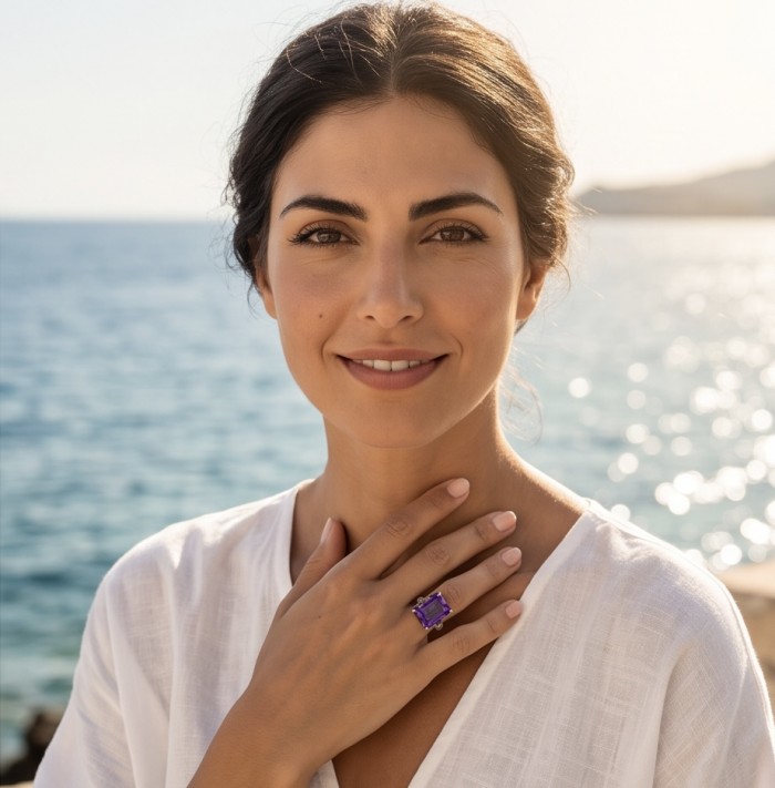 Purple Symphony 15.5 carat natural Amethyst rhodium over .925 Sterling Silver Handcrafted Ring size 8 - Woman wearing Purple Symphony Amethyst ring by the ocean.