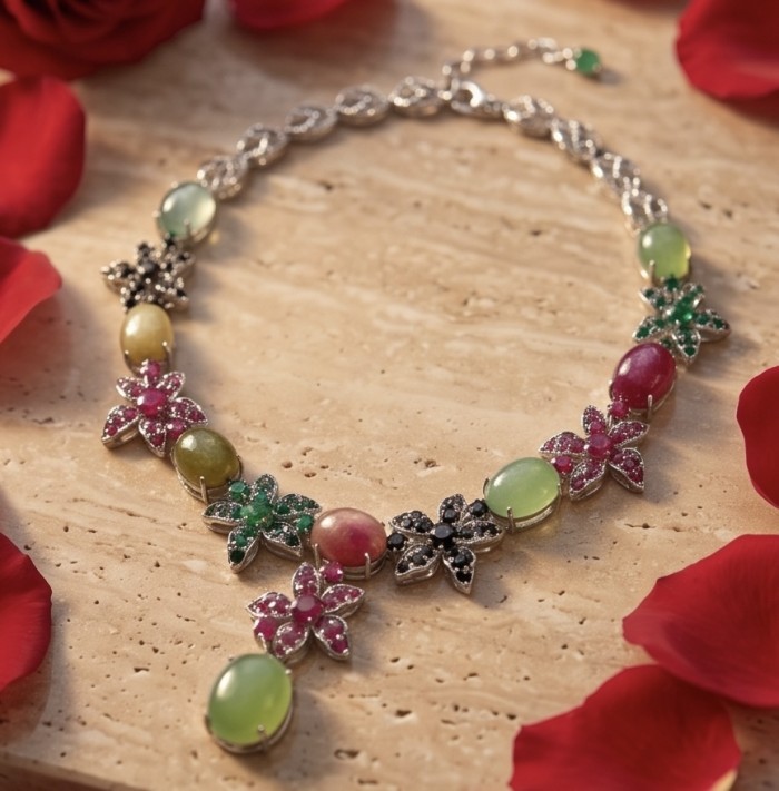 Isabella - Beauty of Nature natural 155.5 carat Ruby Green Tourmaline Rhodium over .925 Sterling Silver handmade Statement necklace - Colorful gemstone necklace with floral design, displayed on a stone surface.