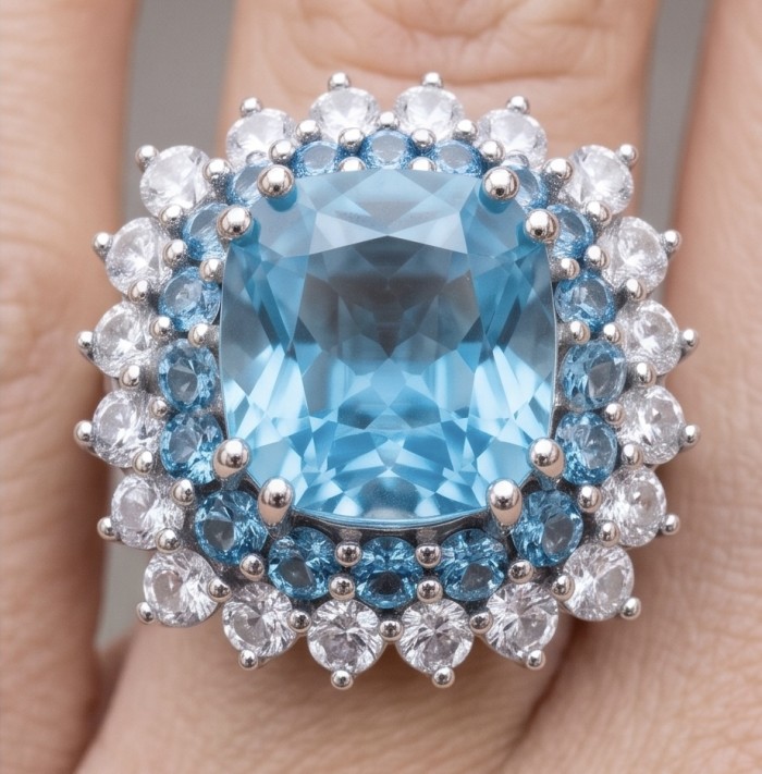Aqua 8.5 carat Swiss Blue Topaz 22K Gold over .925 Sterling Silver dipped in rhodium handcrafted ring size 5 - Close-up of Aqua Swiss Blue Topaz ring worn on hand.