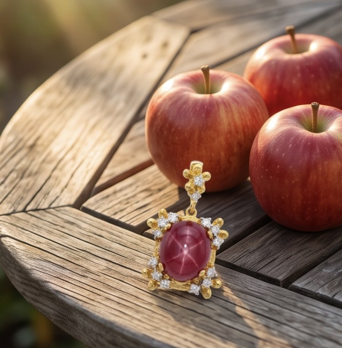 Rare finding - Deluxe 27.2 carat authentic Mozambique Ruby 22K Gold over .925 Sterling Silver handmade Statement Pendant - Mozambique Ruby pendant on table with apples, top view.
