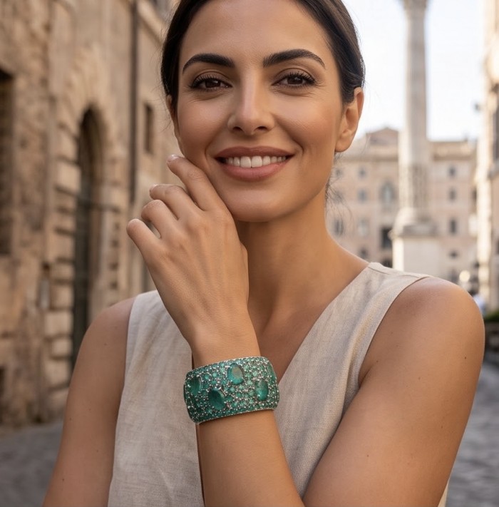 Spectacular 242.5 carat authentic Colombian Emerald .925 Sterling Silver dipped in Rhodium handmade bangle Bracelet - Woman wearing Spectacular 242.5 carat Colombian Emerald bracelet