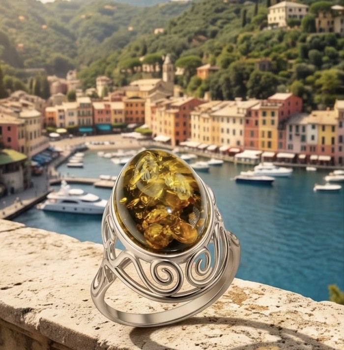 Serenity Natural Green Baltic Amber .925 Sterling Silver handmade Large Statement Ring size 9 - Close-up of Serenity Green Baltic Amber ring with scenic background.